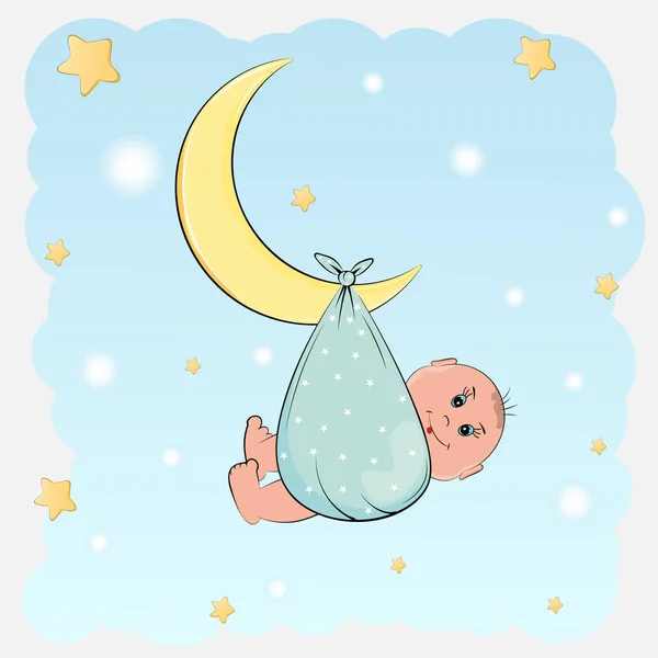 Lindo chico durmiendo en una luna. Ducha de bebé o tarjeta de felicitación . — Vector de stock