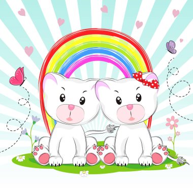 Sevimli iki sevimli kediler gökkuşağı arka plan üzerinde oturmak.