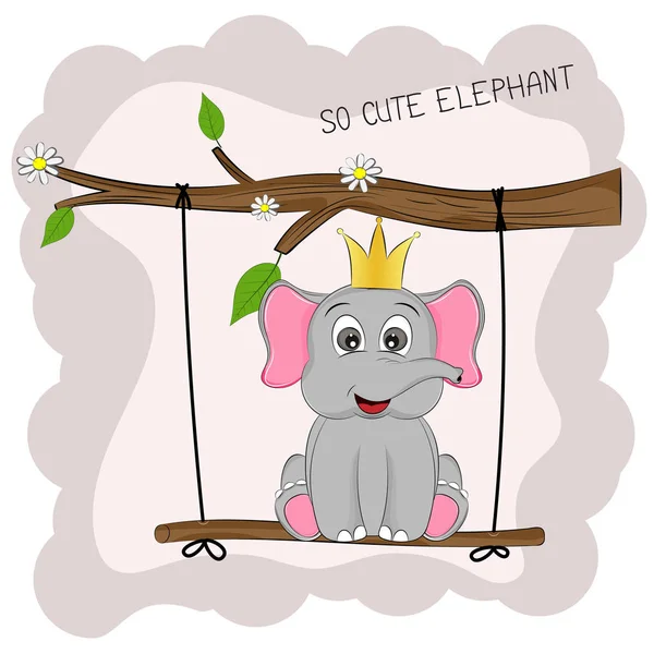 ?artoon animal encantador se sienta en un columpio con letras elefante tan lindo . — Vector de stock