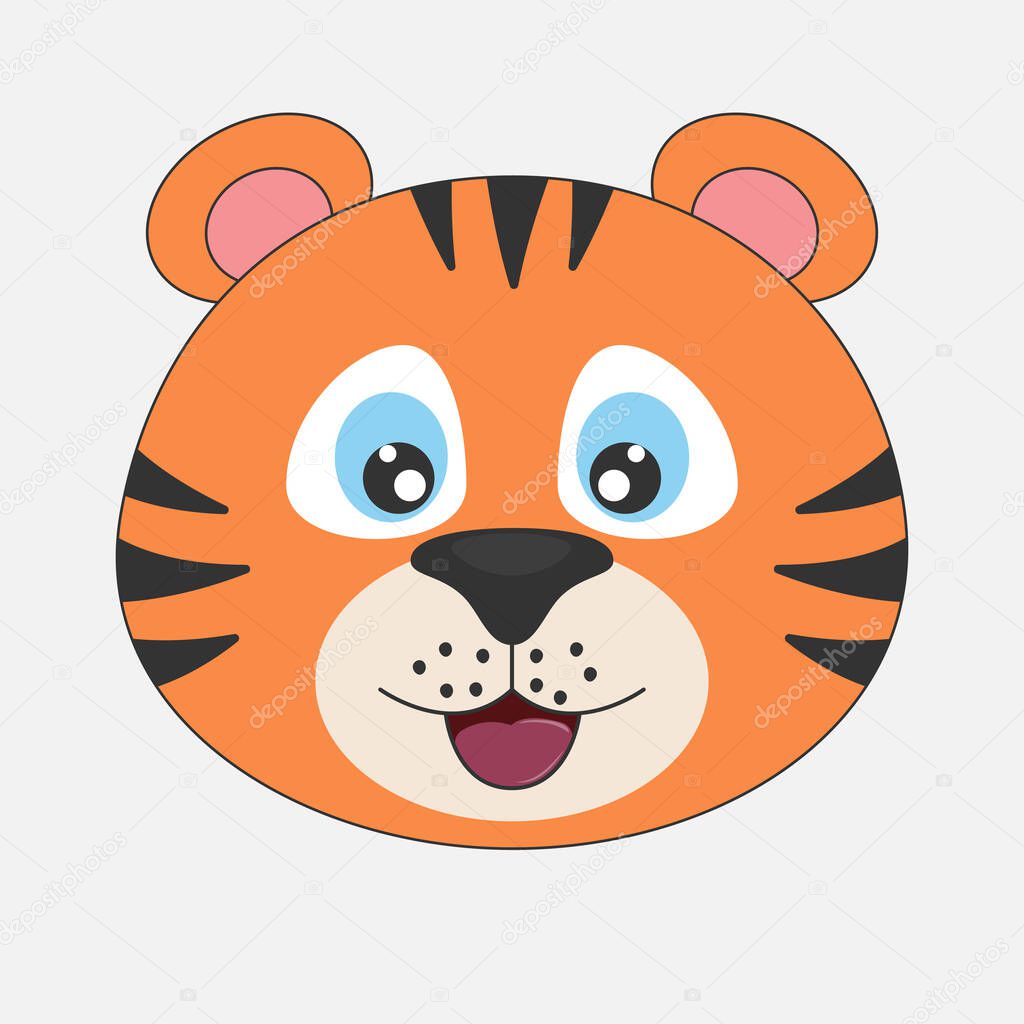 Young cute cartoon head tiger. Modern flat poster for prints, kids cards, t-shirts and other. Vector illustration. Greeting card.