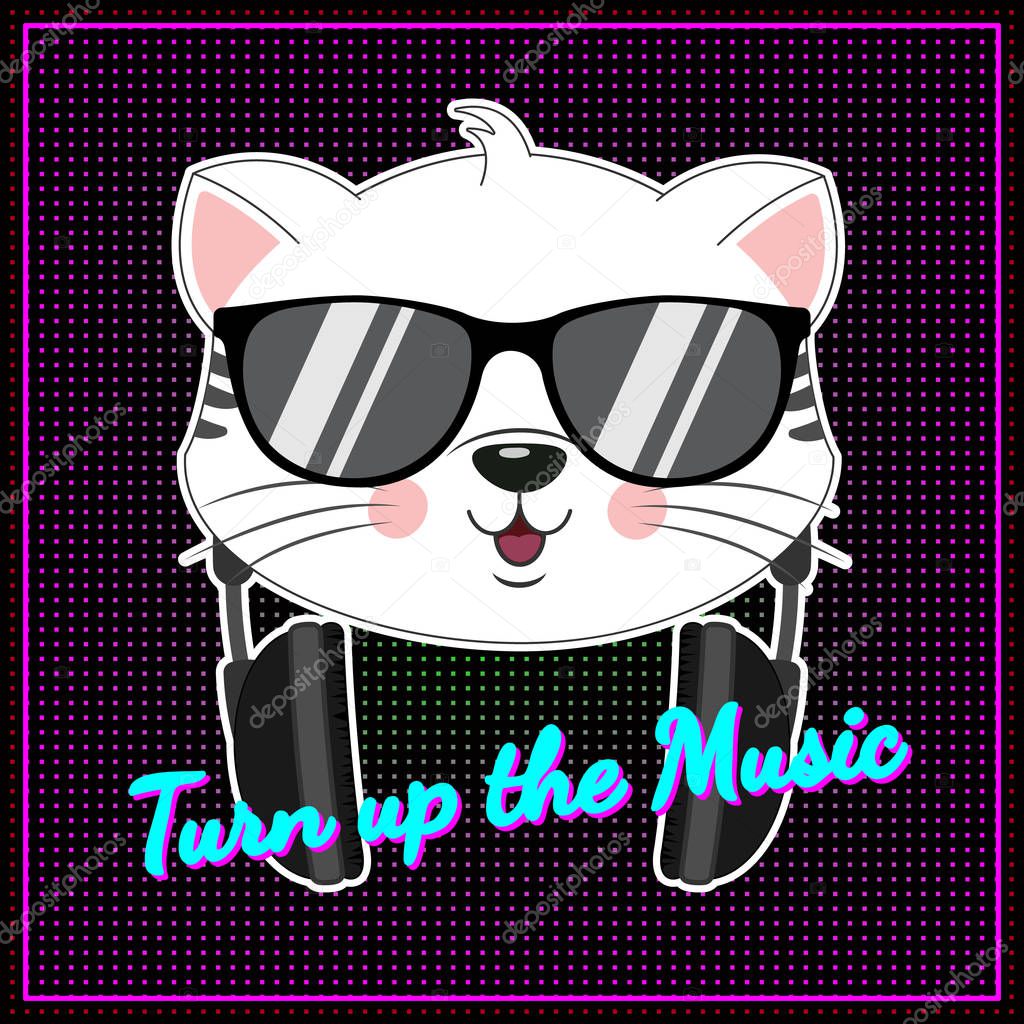 Beautiful positive cartoon cat in sunglasses listen music.