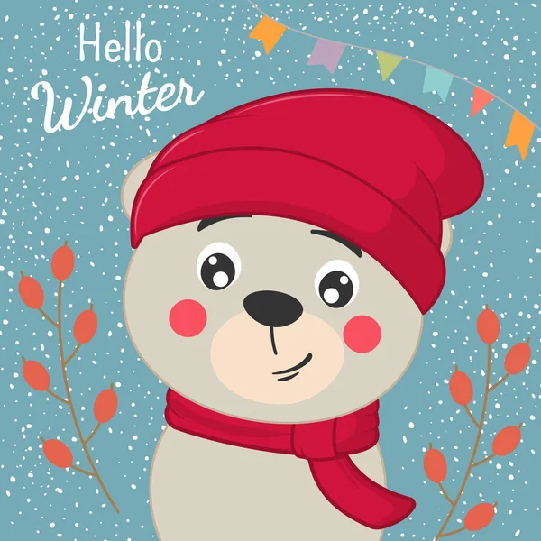 Niedlicher Cartoon-kleiner Bär mit gestrickter roter Mütze und Schal. — Stockvektor