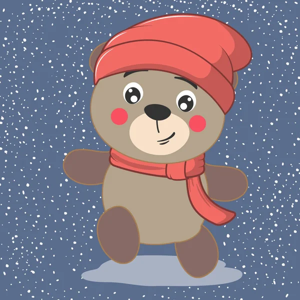 หมีน้อยการ์ตูนน่ารักในหมวกแดงถักและผ้าพันคอ สวัสดีฤดูหนาว . — ภาพเวกเตอร์สต็อก