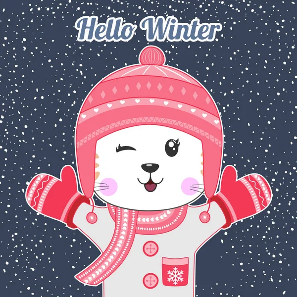 Ładny kreskówkowy kotek w czerwonej czapce i szaliku na drutach. Witam zimę.. — Wektor stockowy