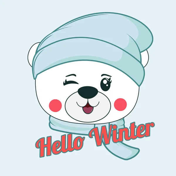 Joyeux petit ours dessin animé en bonnet bleu tricoté et écharpe . — Image vectorielle