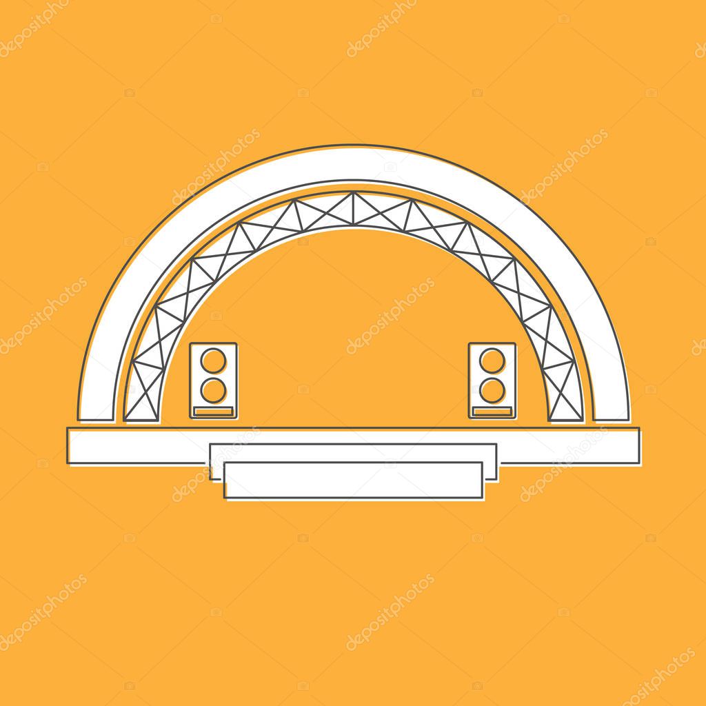 Concert stage and sound speakers isolated on yellow background. Flat modern design. Black line. Vector illustration.