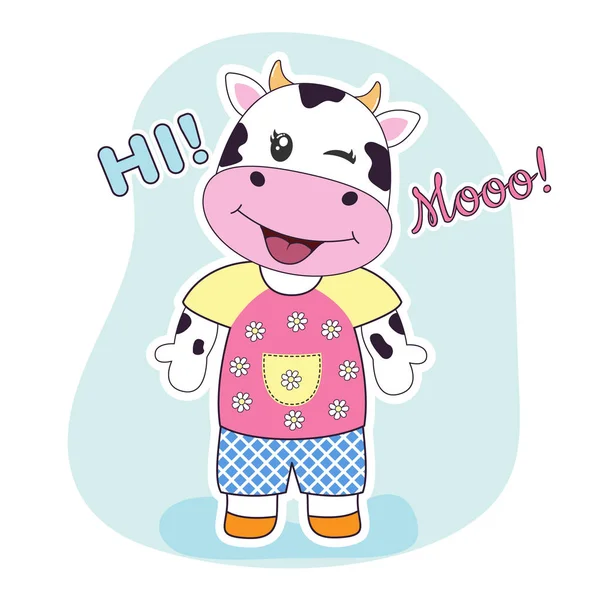 Linda vaca de dibujos animados puestos vestidos con ropa de moda . — Vector de stock
