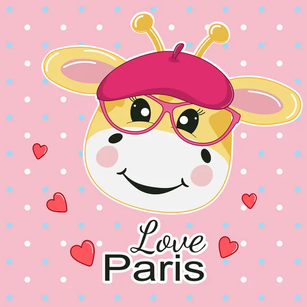 Beau bébé girafe en lunettes de soleil et béret rose style kawaii . — Image vectorielle