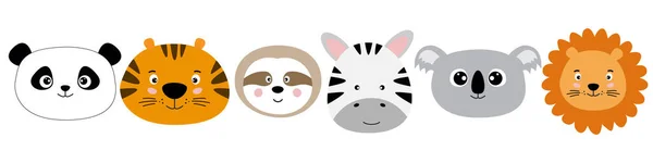 Cute cartoon characters animals panda, tiger, sloth, zebra, koala, lion kawaii flat style. — ストックベクタ