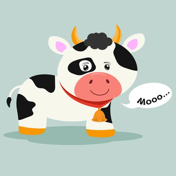 Greeting card cute cartoon smiling cow with with a bell and inscription moo. — Wektor stockowy