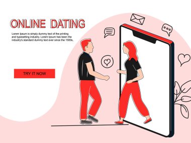 Online randevu kavramı. Mesafe tanıtım kızı ve erkek partnerleri. Bir kadın bir erkekle randevuya çıkar. Vektör illüstrasyonu.