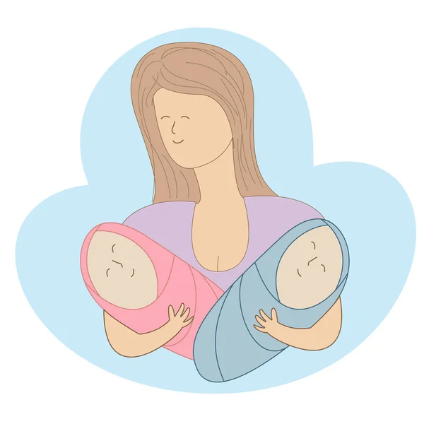 Ευχετήριες Κάρτες Μητέρες Ημέρα Χέρι Που Μαμά Κρατάει Δύο Μωρά — Διανυσματικό Αρχείο
