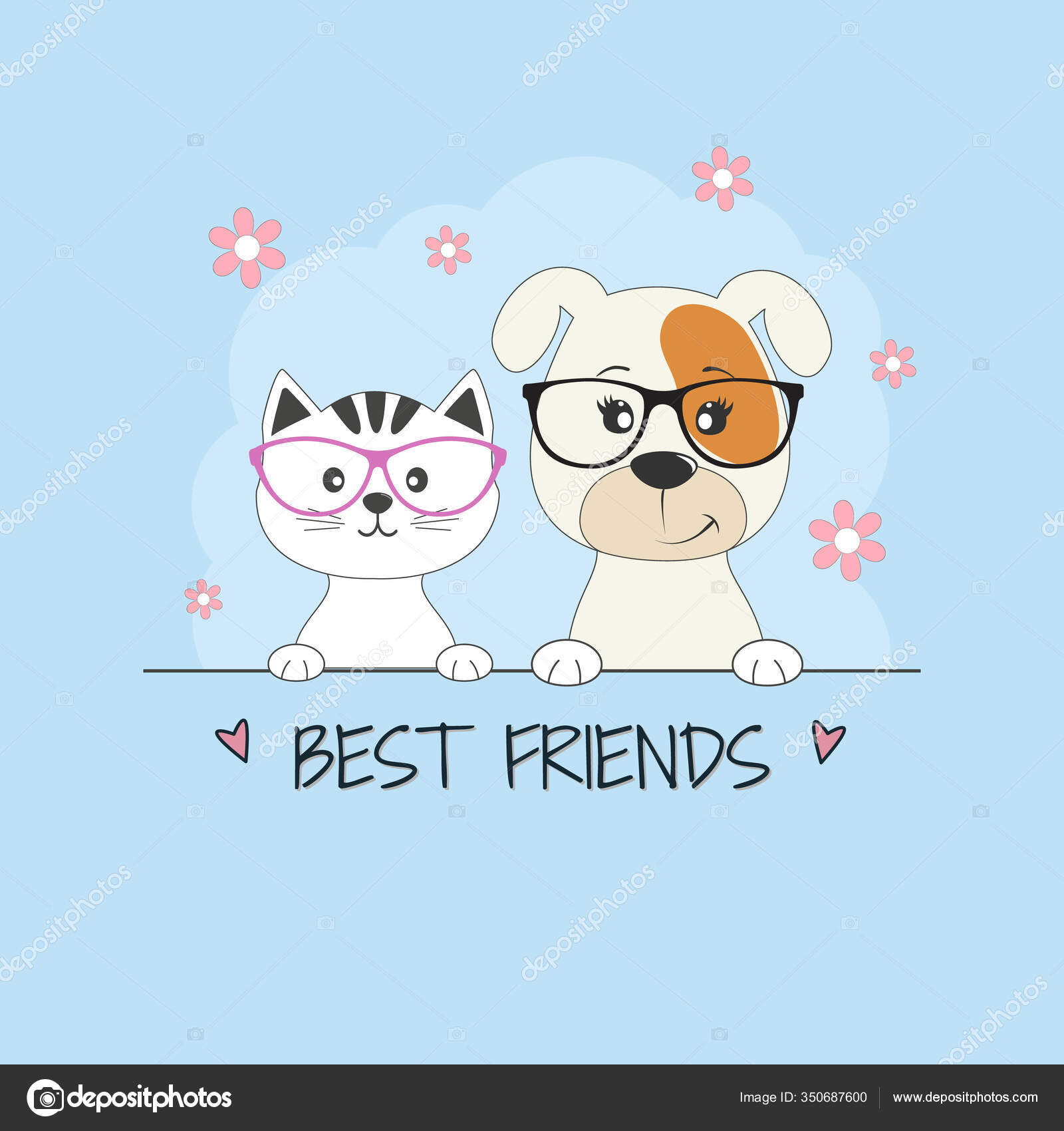 고양이 친구들이 배경에 고립되어 강아지와 키티는 재미있는 동물이다 일러스트 스톡 벡터 - ©andrei.pastsuk@gmail.com  350687600, image size:1600x1700