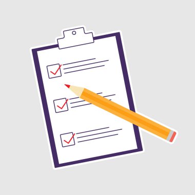 Kağıt kontrol listesi ve kalem. İş görevlerinde başarılı bir gelişme. Düz vektör illüstrasyonu.