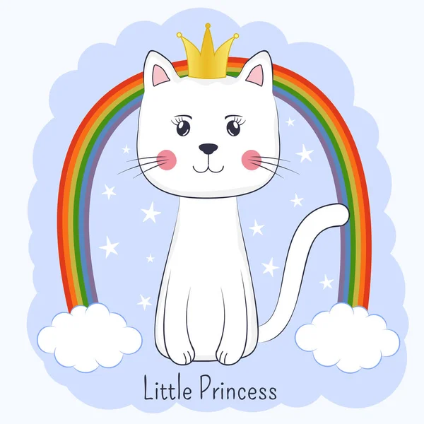 Cute Księżniczka Kota Kreskówki Tęczy Śliczny Kotek Koroną Nowoczesny Płaski — Wektor stockowy