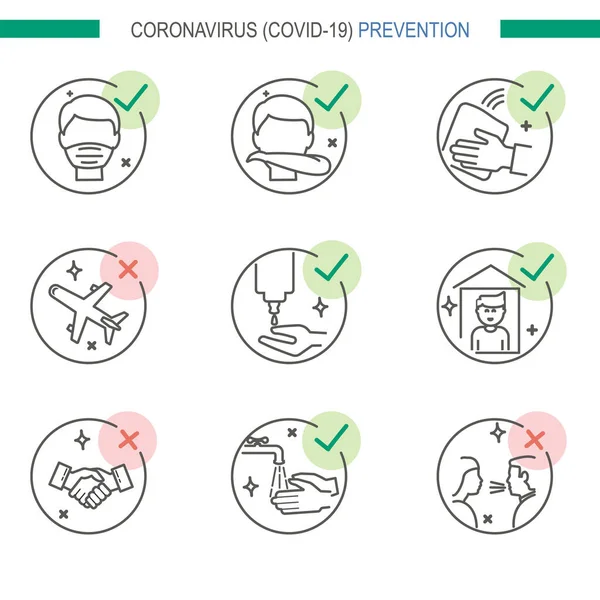 Prevenção Coronavirus Covid Definir Ícones Minimalista Estilo Linha Fina Epidemia — Vetor de Stock