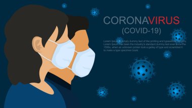 İnsanlar, erkek ve kadınlar tıbbi maske takıyor. Küresel salgın Coronavirüs 2019-nCov. Çin 'den gelen virüslü covid-19 wuhan. Mavi arkaplan kavramı, vektör illüstrasyonu.