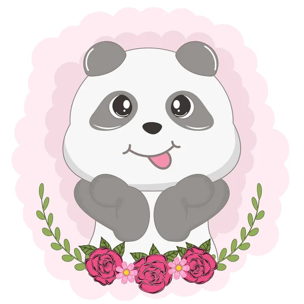 Beautiful cute panda bear girl with flowers. Vector illustration. — Stock Vector