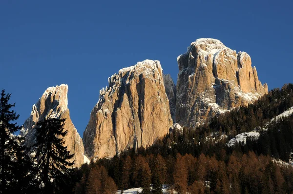 Zobacz Sassolungo (Langkofel) grupy włoskich Dolomitów w zimie z Campitello di Fassa ośrodka narciarskiego w miejscowości Canazei. — Zdjęcie stockowe