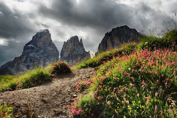 Catene montuose del Sassolungo & Sassopiatto viste da Passo Sella in un pomeriggio nuvoloso, Dolomiti, Trentino, Alto Adige, Italia — Foto Stock