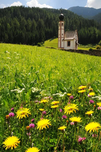 St johann kirche, santa maddalena, val di funes, dolomiten, italien — Stockfoto