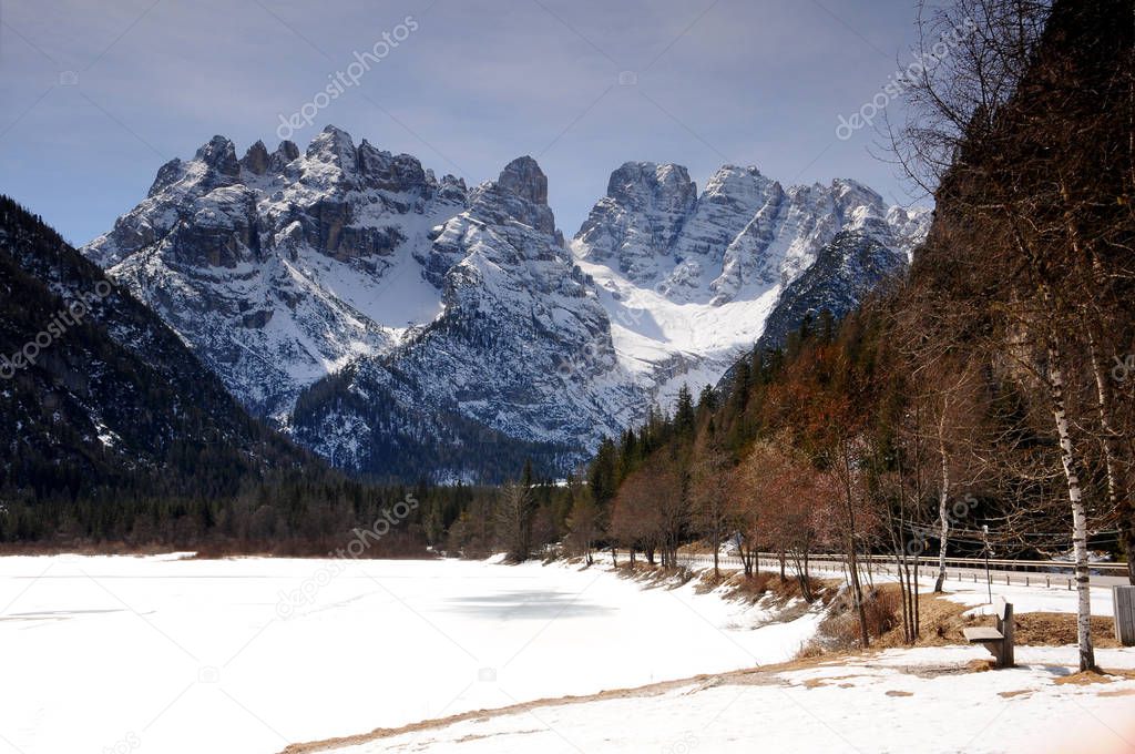 Cristallo Group in dolomites as seen from Lake of Landro, Veneto, Italy