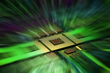 CPU bilgisayar işlemci ve bellek modülleri etkileri çekim sonrası, arka plan aydınlatma ile uyumlu.