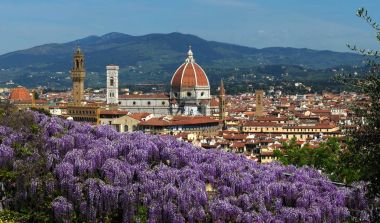 Güzel çiçek mor Wisteria Floransa Katedrali Santa Maria del Fiore ve arka plan, Floransa, İtalya ile Bardini Garden