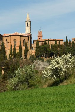 Pienza, Toskana / İtalya - Mar 31, 2017: Pienza ünlü ortaçağ köyü. Siena kırsal kesimde yer alan. İtalya.