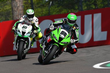 San Marino, Italy - May 12: Randy Krummenacher SUI Kawasaki ZX-10R Kawasaki Puccetti Racing qualifyng session at the World Superbike Championship.at Imola International Circuit on May12, 2017 in Italy clipart