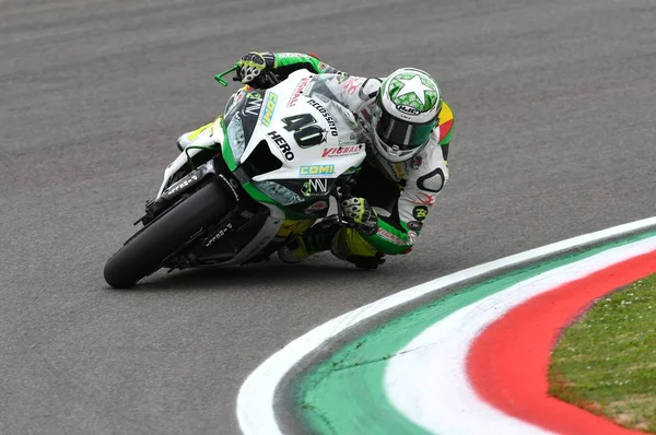 San Marino, Italy - May 12: Romn Ramos ESP Kawasaki ZX-10R Team GO ELEVEN rides during qualifyng session at the World Superbike Championship.at Imola International Circuit on May 12, 2017 in Italy — стоковое фото