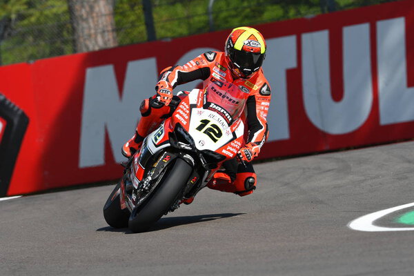San Marino, Italy - May 12, 2017: Xavi Fores ESP Ducati Panigale R BARNI Racing Team in action during the qualifying session on May 12, 2017 in Imola Circuit, Italy