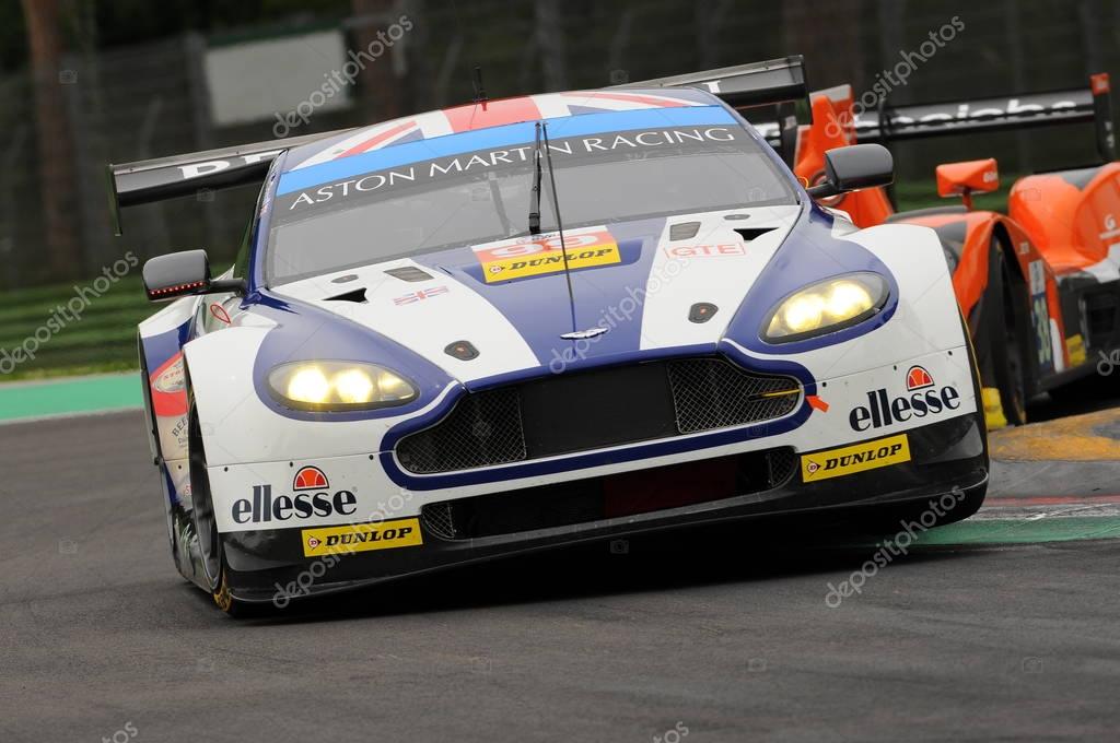 Imola, Italy May 13, 2016: Aston Martin V8 Vantage, driven by Andrew Howard (GBR), Darren Turner (GBR), Alex MacDowall (GBR), in action during the European Le Mans Series - 4 Hours - Imola, Italy.