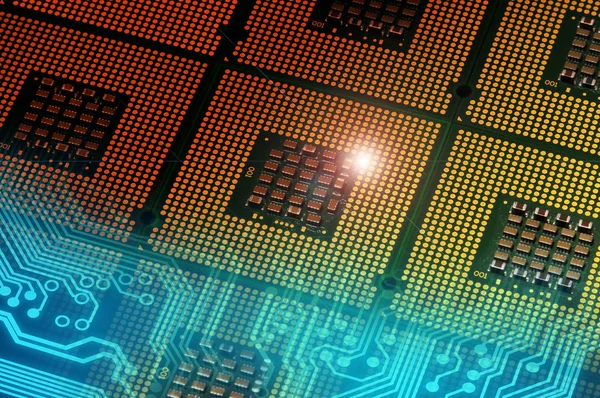 Processori di computer e circuito elettronico blu con effetti di luce postproduzione, sfondo . — Foto Stock