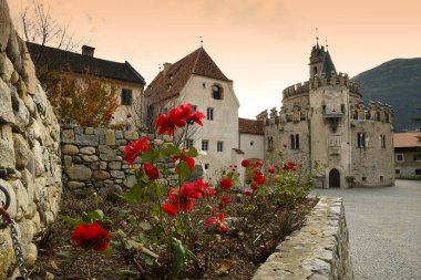 Red Roses at Abbey of Novacella, south tyrol, Bressanone, Italy. The Augustinian Canons Regular Monastery of Neustift was founded by Bishop of Brixen, the Blessed Hartmann in 1142. clipart