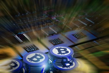Renkli Bitcoin Cryptocurrency bilgisayardaki Cpu ve bellek modülleri