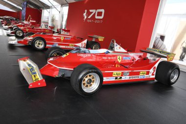 Mugello, bu Ekim, 2017: Ferrari F1 312 T4 Gilles Villeneuve ve Jody Scheckter, 1979 Paddock gösterinin Finali Mondiali Ferrari 2017 devre Mugello Ferrari yıldönümü 1947-2017. İtalya