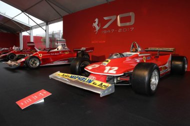 Mugello, bu Ekim, 2017: Ferrari F1 312 T4 Gilles Villeneuve ve Jody Scheckter, 1979 Paddock gösterinin Finali Mondiali Ferrari 2017 devre Mugello Ferrari yıldönümü 1947-2017. İtalya