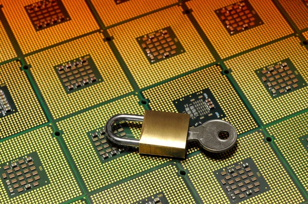 stock image Padlock over CPU Computer Processor. Data Security Concept.