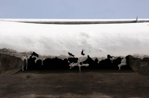 Icicles Hanging Roof Alpin Hut Dolomites Italy — Stock Photo, Image