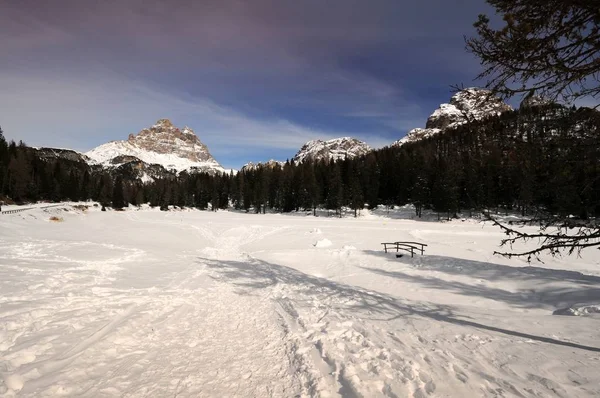 Krásný Výhled Tre Cime Lavaredo Dolomitech Antorno Jezera Zimní Sezóna — Stock fotografie