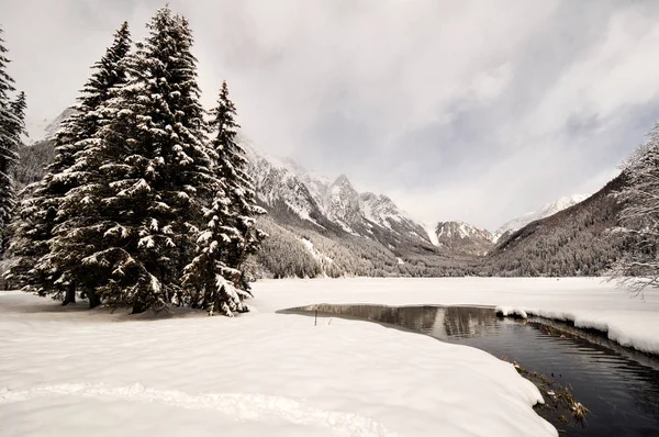 Malebný Pohled Anterselva Jezero Sněhu Zimě Val Pusteria Jižní Tyrolsko — Stock fotografie