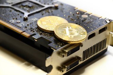 Florence, İtalya - 16 Mart 2018: Cryptocurrency fiziksel altın Bitcoin modern Gainward NVIDIA Geforce Gtx 670 hayalet oyun grafik kartı üzerinde. Madencilik ekipmanları.