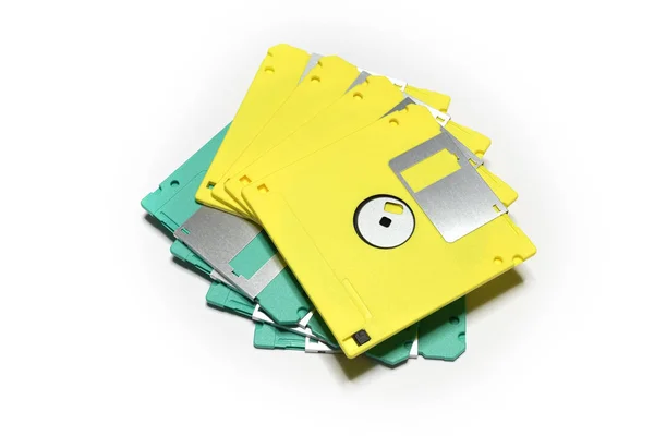 Oude Gekleurde Computer Diskettes Geïsoleerd Witte Achtergrond — Stockfoto