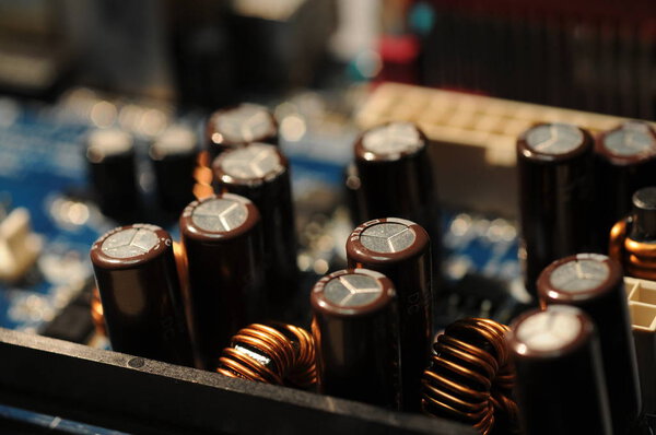 close up of electronic components on pc motherboard