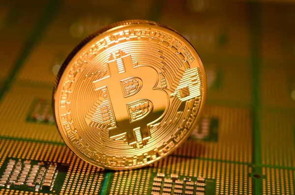 Bitcoin Phisical Oro Sobre Procesadores Cpu Alineados Fondo Criptomoneda — Foto de Stock