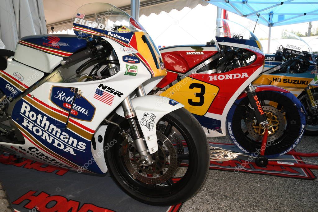 21 April 2018: Honda NSR 500 of legendary driver Freddie Spencer at Motor Legend Festival 2018 at Imola Circuit in Italy.