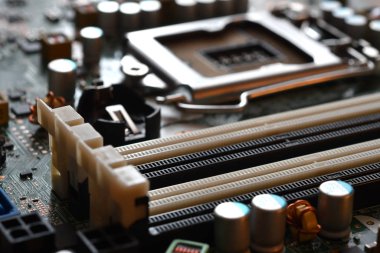 Modern Bilgisayar Anakartındaki Cpu Soketinin Yakın Çekimi. Elektronik Küçük Bileşen Ayrıntıları.