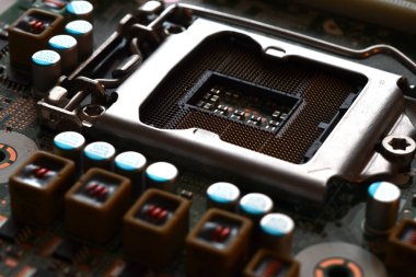 Modern Bilgisayar Anakartındaki Cpu Soketinin Yakın Çekimi. Elektronik Küçük Bileşen Ayrıntıları.
