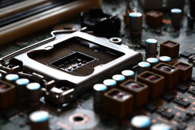 Modern Bilgisayar Anakartındaki Cpu Soketinin Yakın Çekimi. Elektronik Küçük Bileşen Ayrıntıları.
